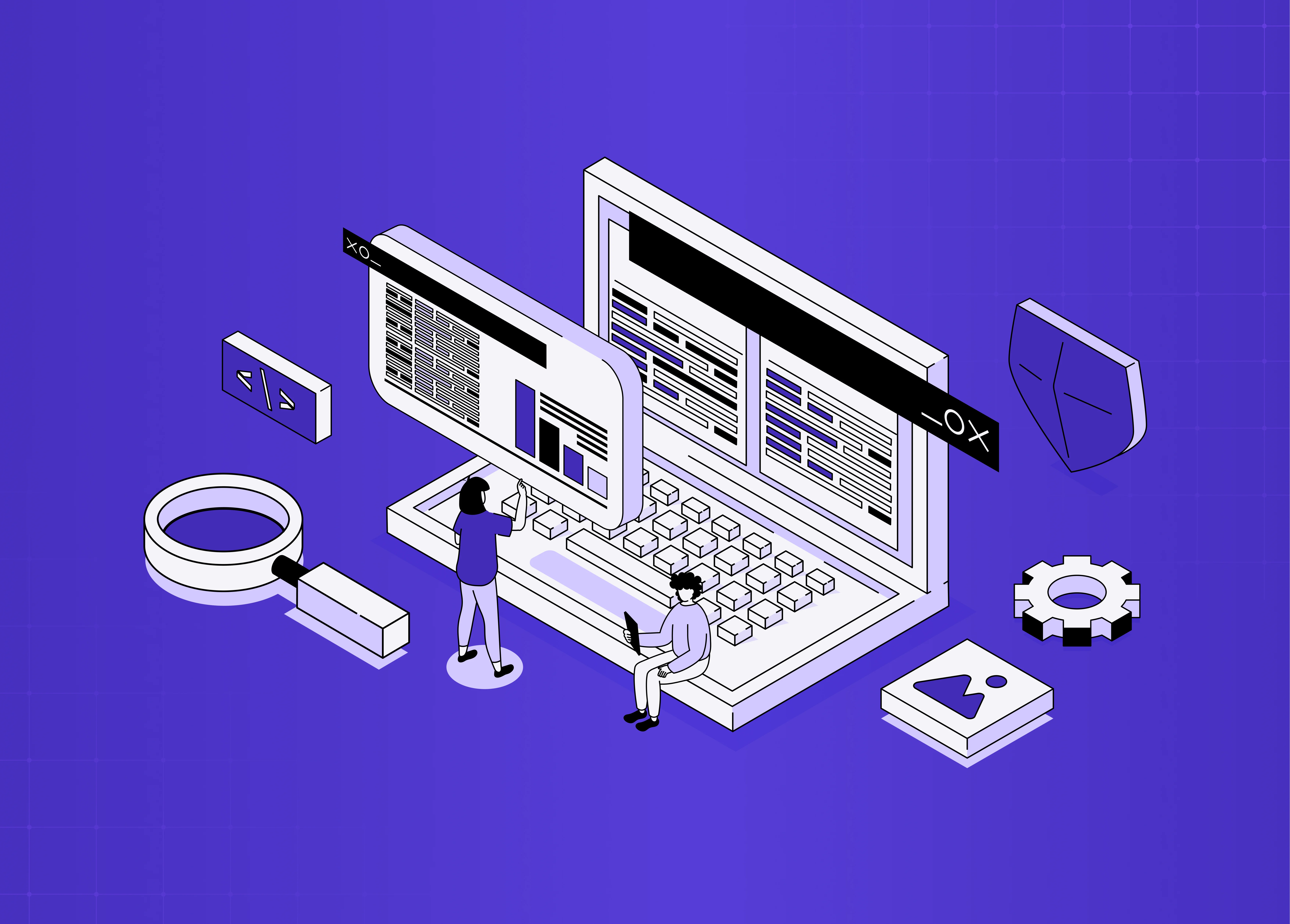 Isometric illustration of developers working on web interfaces, featuring coding screens, UI elements, and design system visuals.