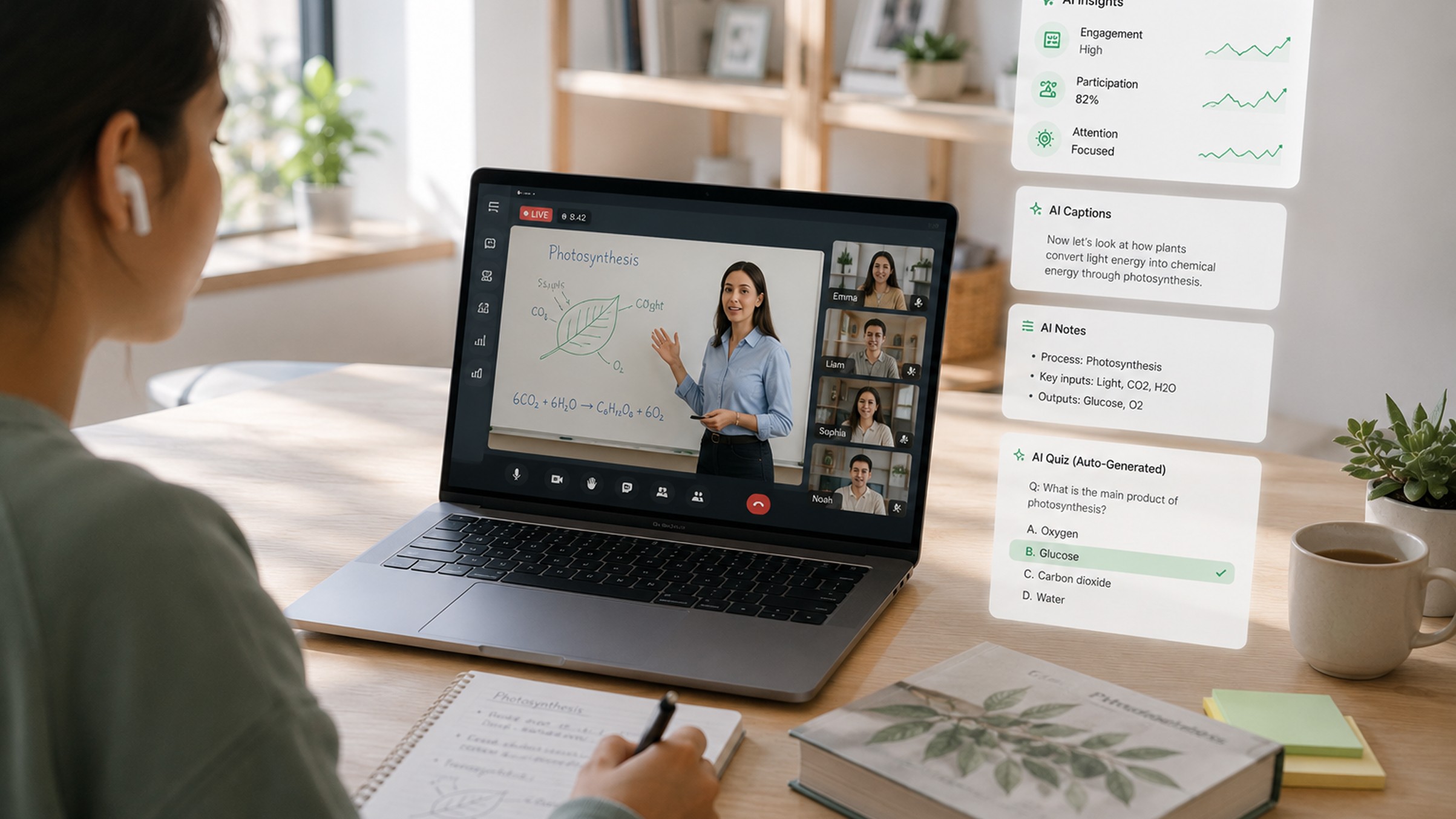 AI in live learning environments with virtual classroom tools for captions, notes, quizzes, and engagement insights