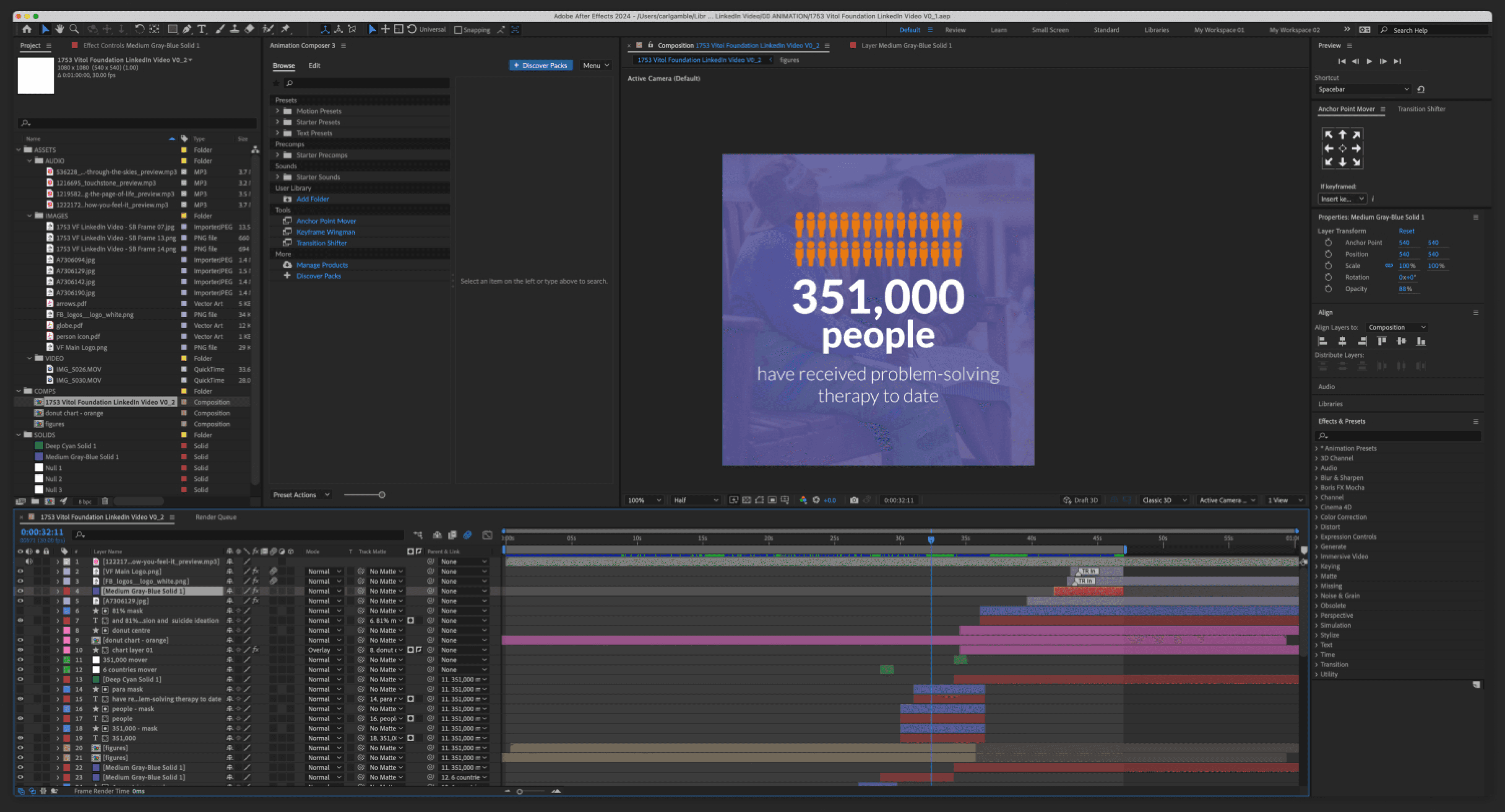 After Effects screenshot showing the animation phase of a motion graphic design job for Vitold Foundation