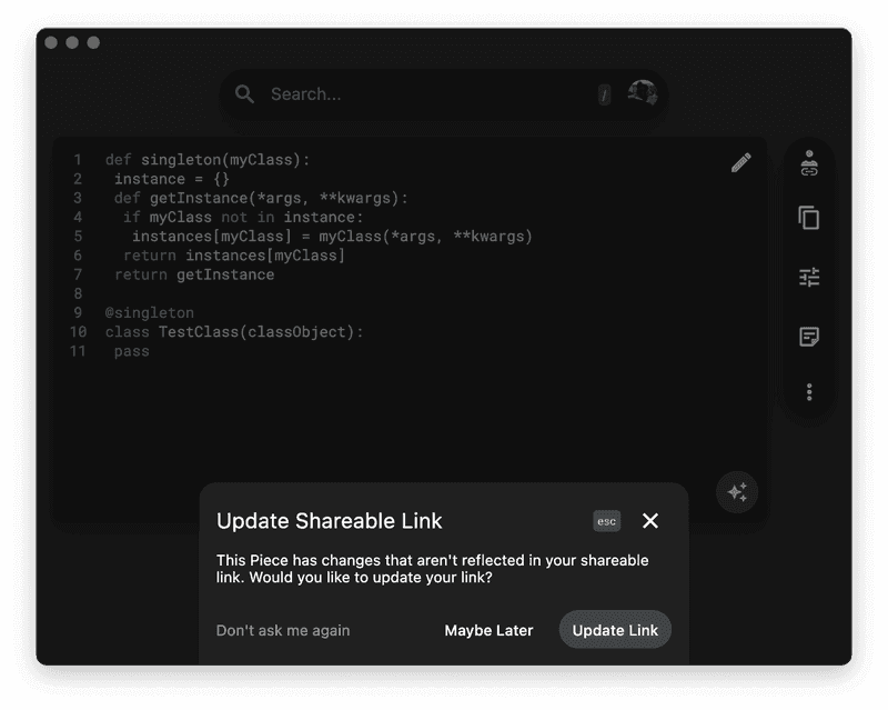 A prompt to update an edited shareable link.