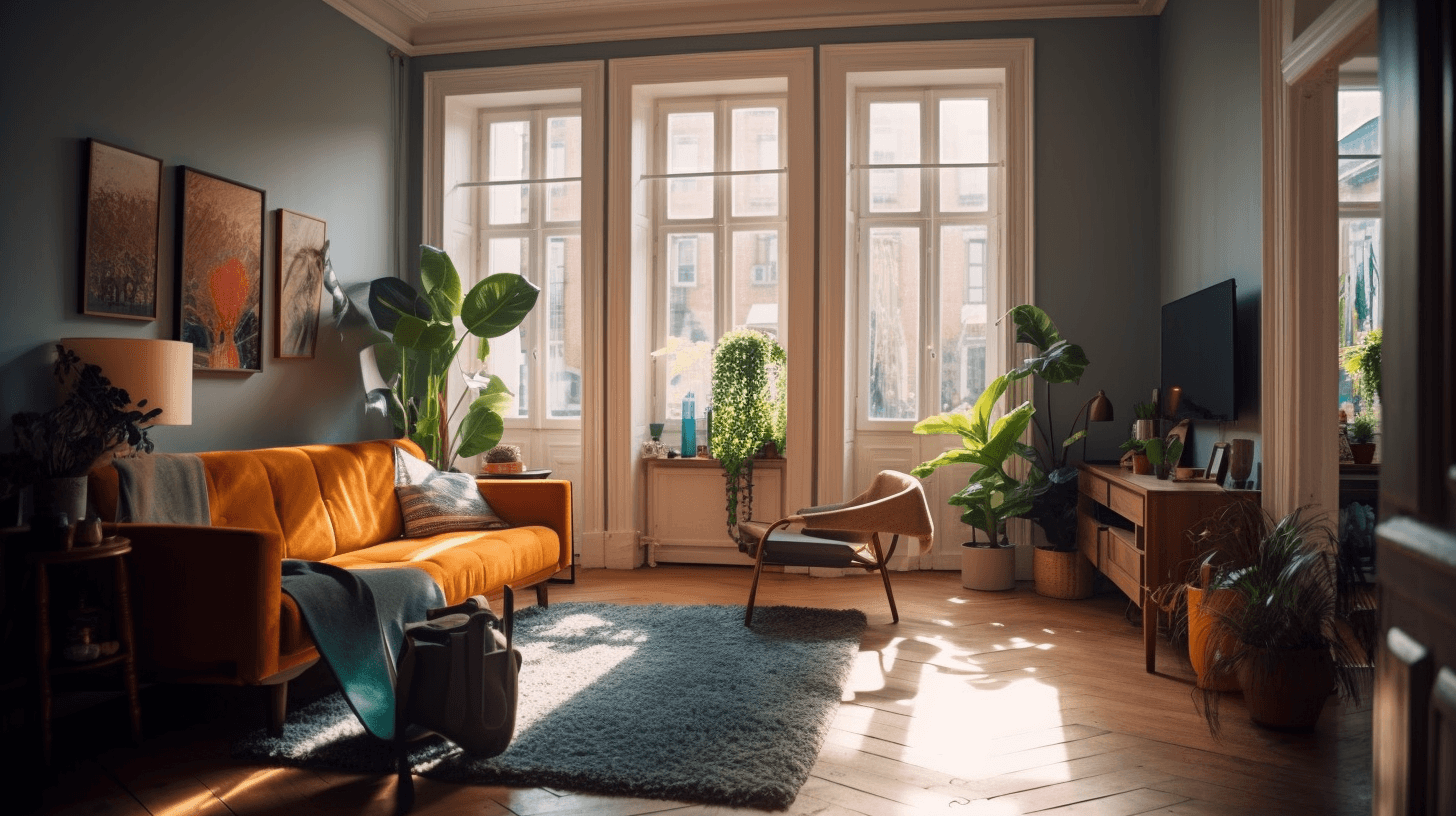 Sunlit living room with orange velvet sofa, multiple houseplants, tall French windows, and hardwood floors