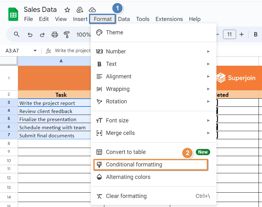 Highlight the task list (column A) and go to Format > Conditional Formatting.