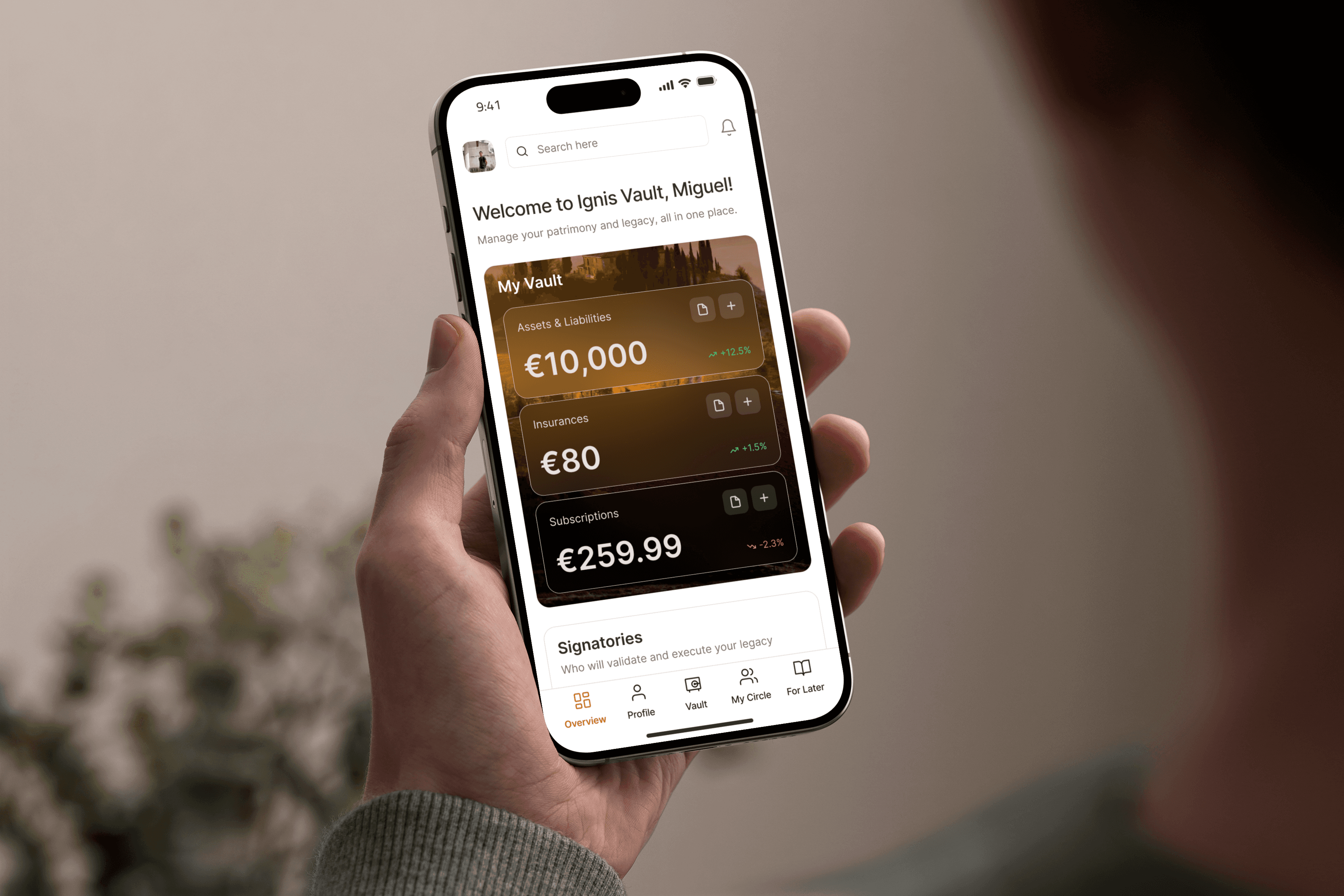 A user exploring his financial overview on Ignis Vault, in his mobile