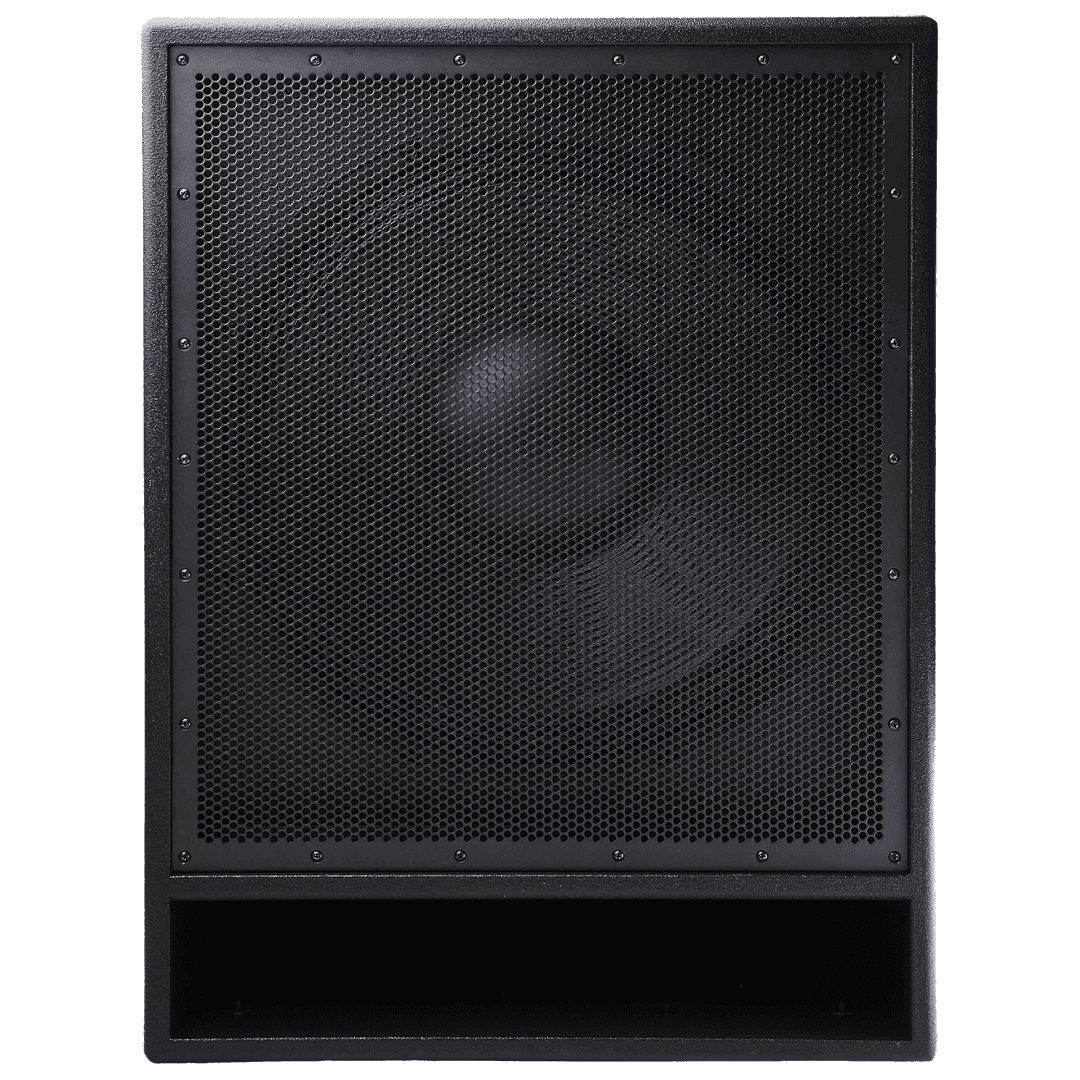 Black speaker with a perforated grille