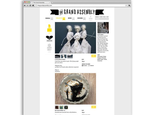 A screenshot of a webpage displays "The Grand Assembly" logo at the top. The page includes navigation links for "People," "Projects," "News," "Mission," and "Contact." A central image shows three dolls in white dresses against a dark background. To the right, a smaller image shows a doll in a black outfit. A decorative bowl containing dark material is positioned below the dolls. Text on the right side includes descriptions of the dolls' features and location.