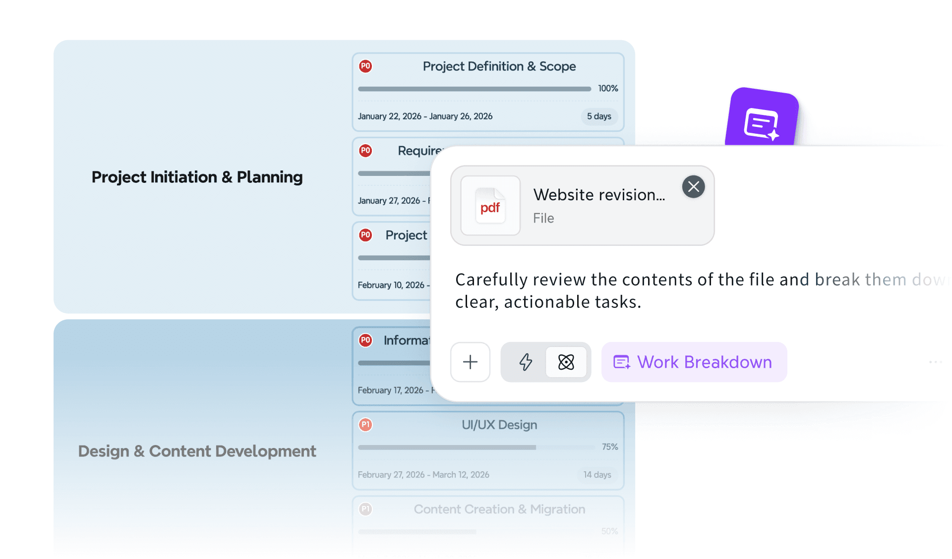 Project planning in Xmind — use AI to analyze project content and generate structured, actionable work breakdowns.