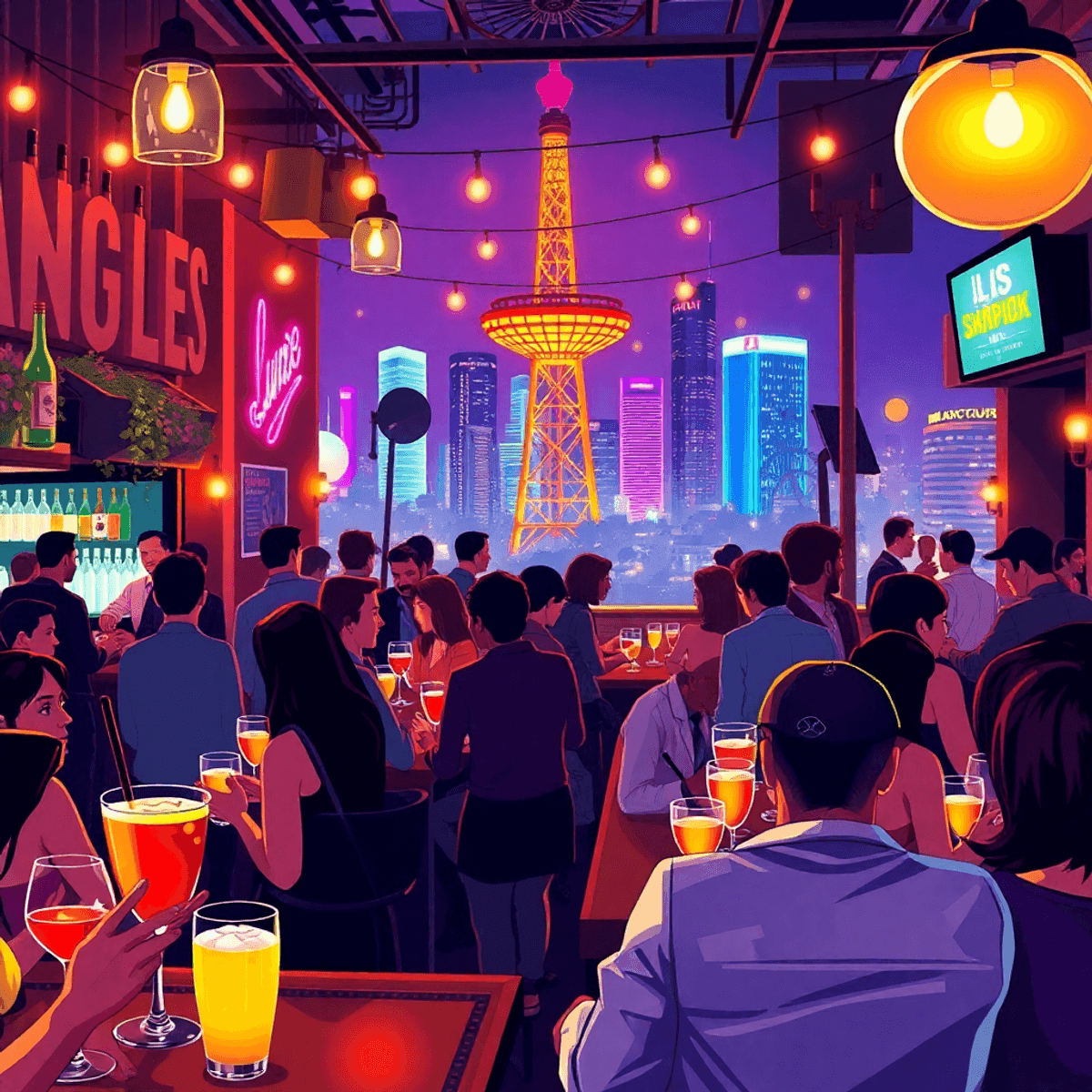 A lively bar scene in Los Angeles with colorful cocktails, warm lighting, and groups of people mingling against iconic landmarks, capturing the excitement of nightlife.