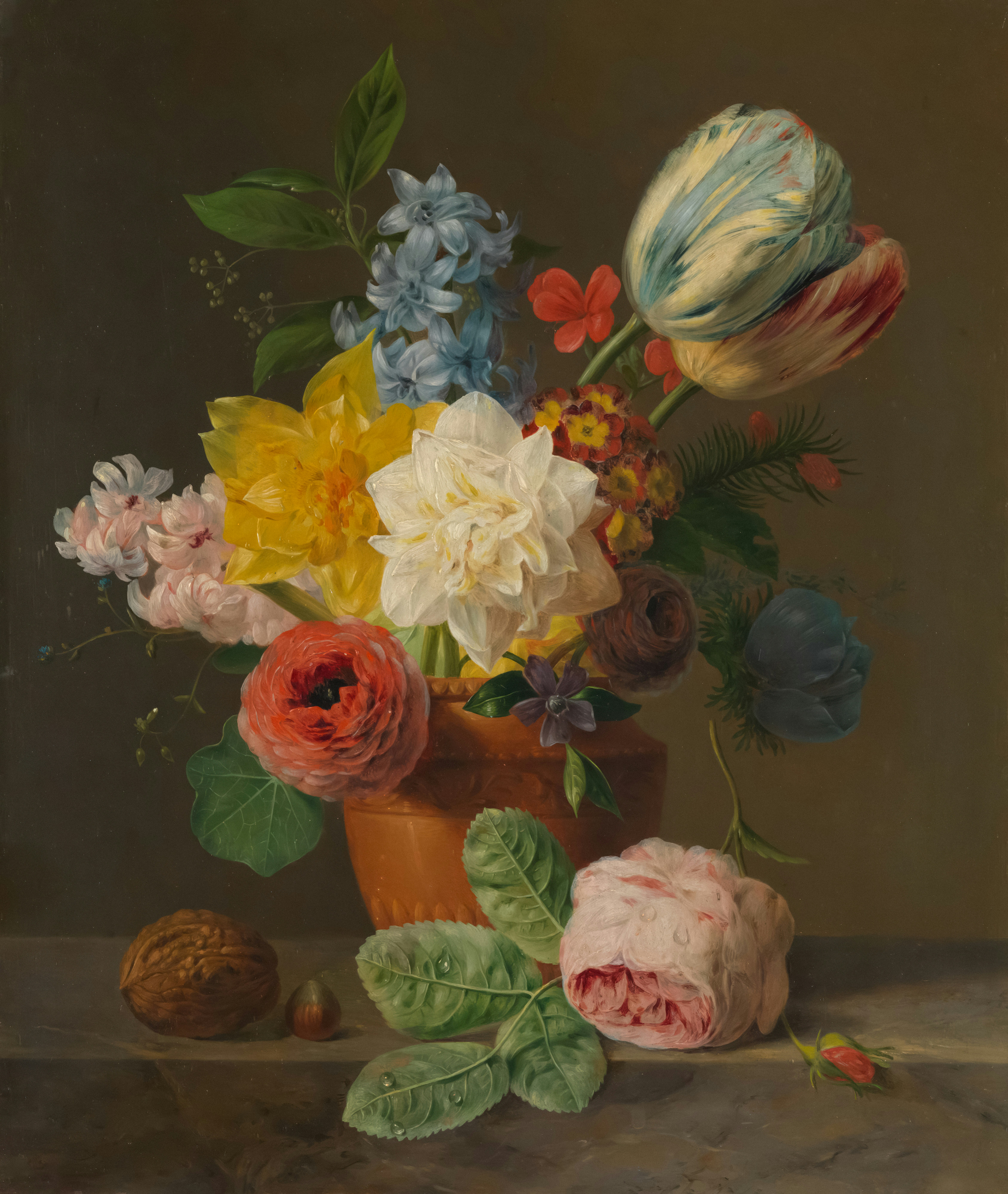 a painting of flowers in a vase on a table