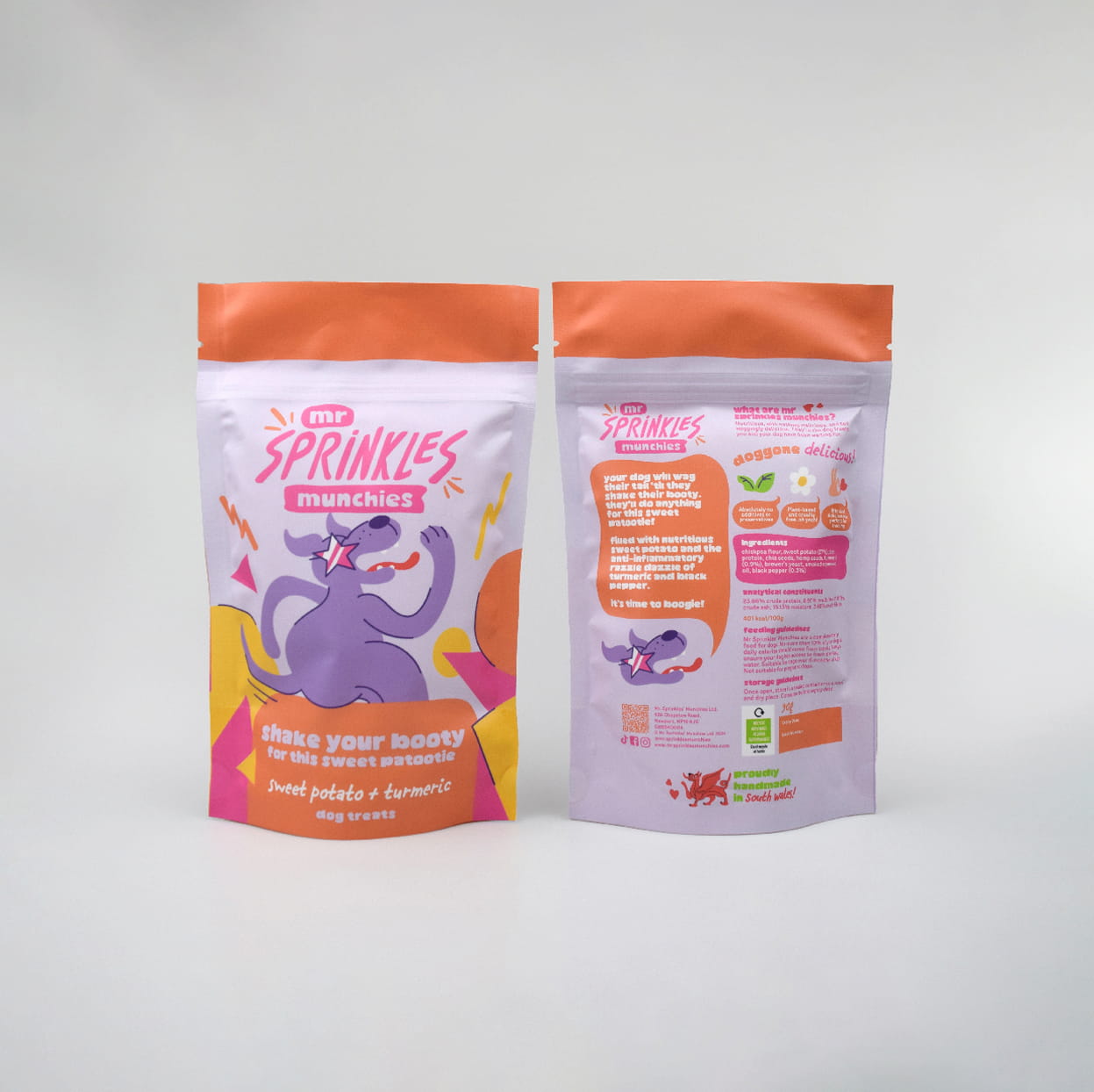 Back to front shot of packaging - sweet potato & turmeric dog treats