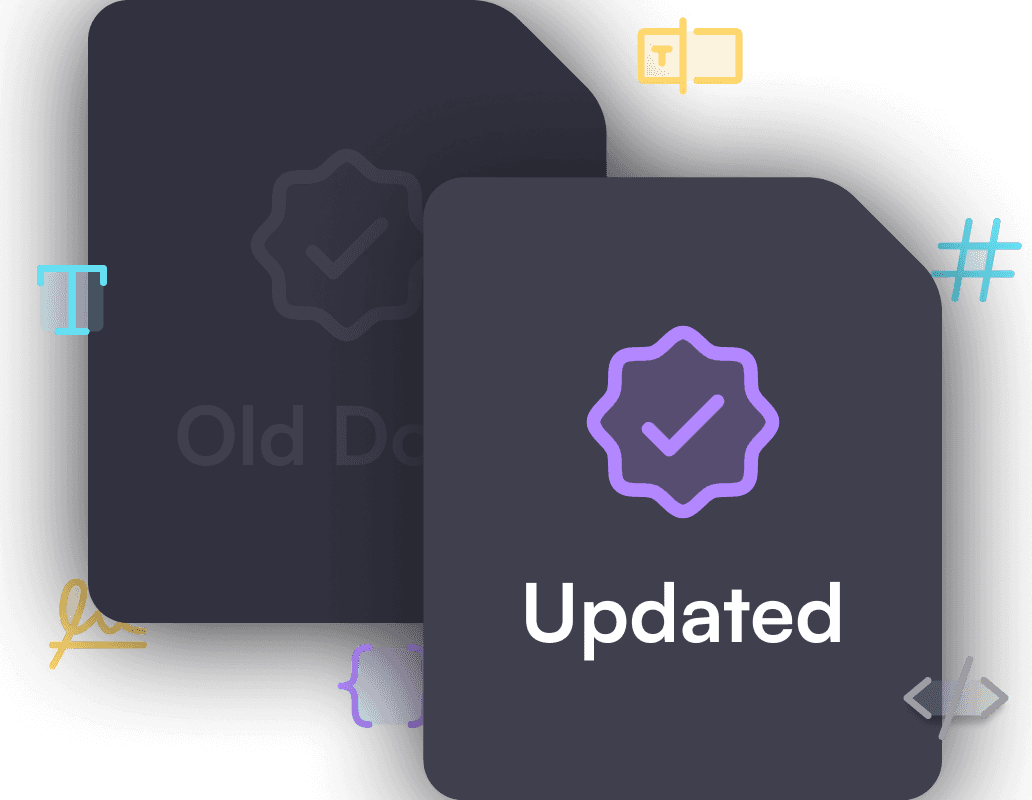 Dark-themed image with two overlapping files. The front file shows a purple checkmark with "Updated" text. Around it, icons like a hashtag and signature are visible.