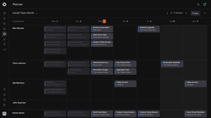 In dark mode, a drawing in Onetrace with multiple locations pinned. An orange pin for location 341 indicates “Follow up work” is needed.