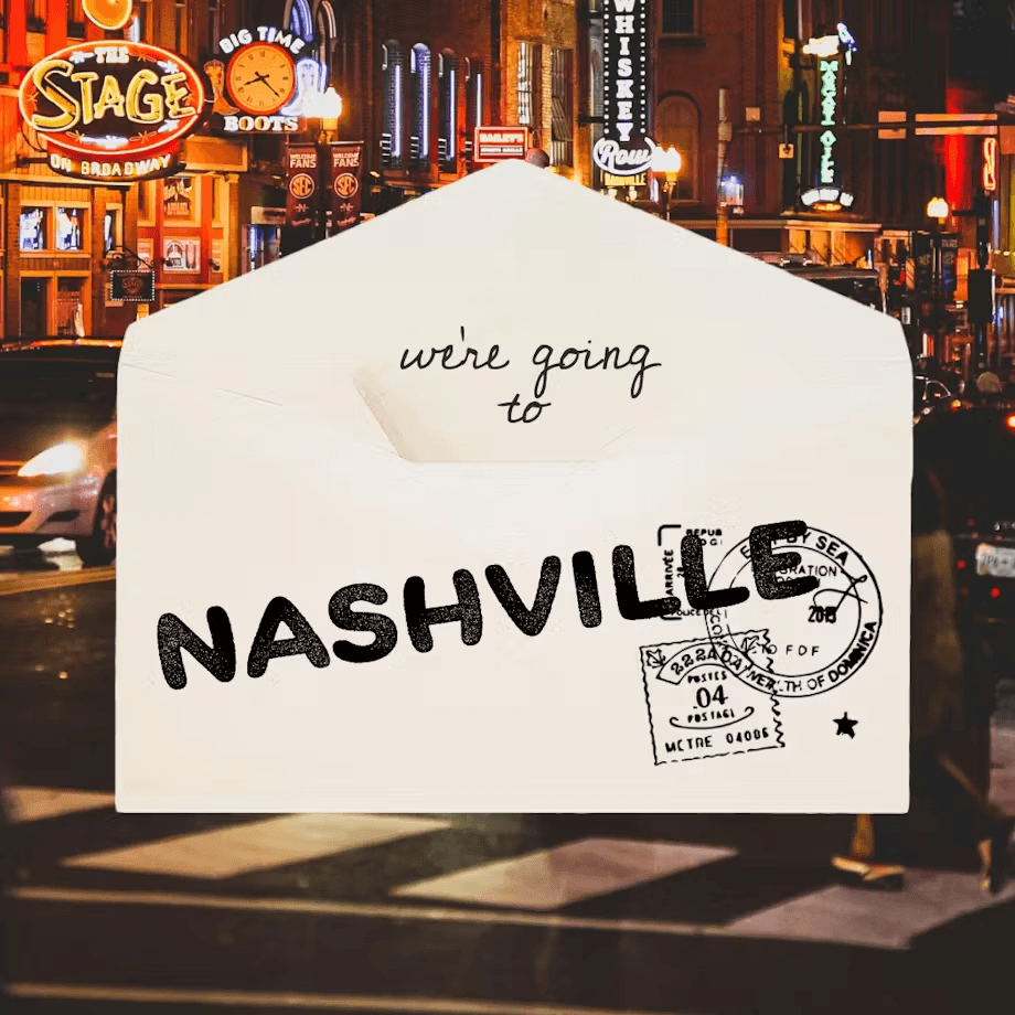 A postcard-style graphic featuring the text "NASHVILLE" with a city skyline blurred in the background.