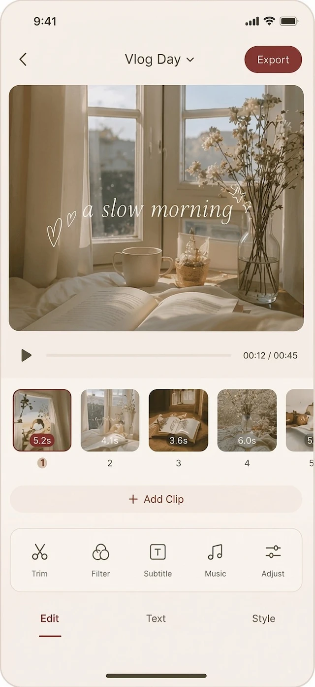 Mobile app interface showing a video timeline with clips and editing tools