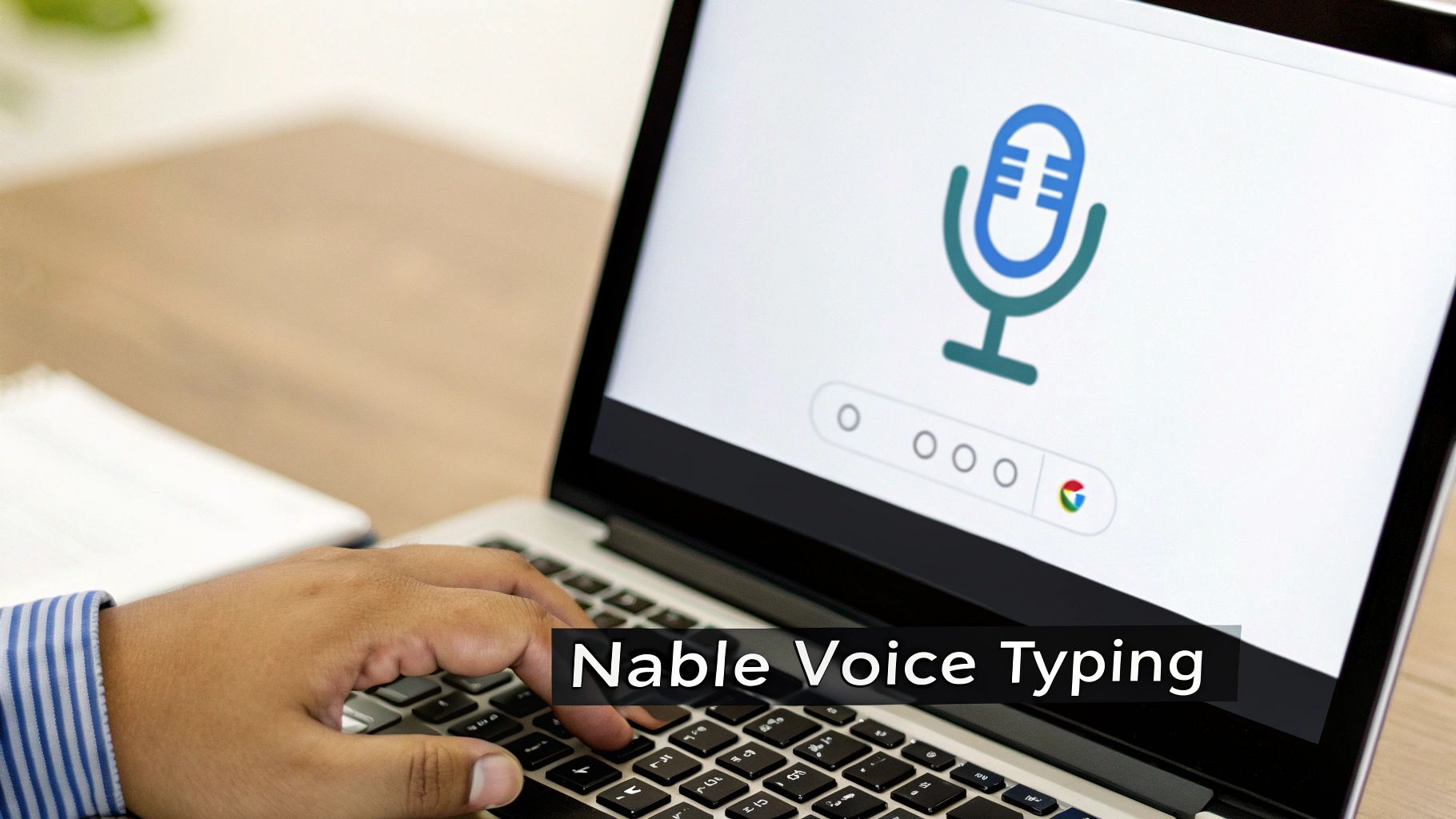 A person comfortably speaking into a laptop, representing the ease of using talk to text in Google Docs.