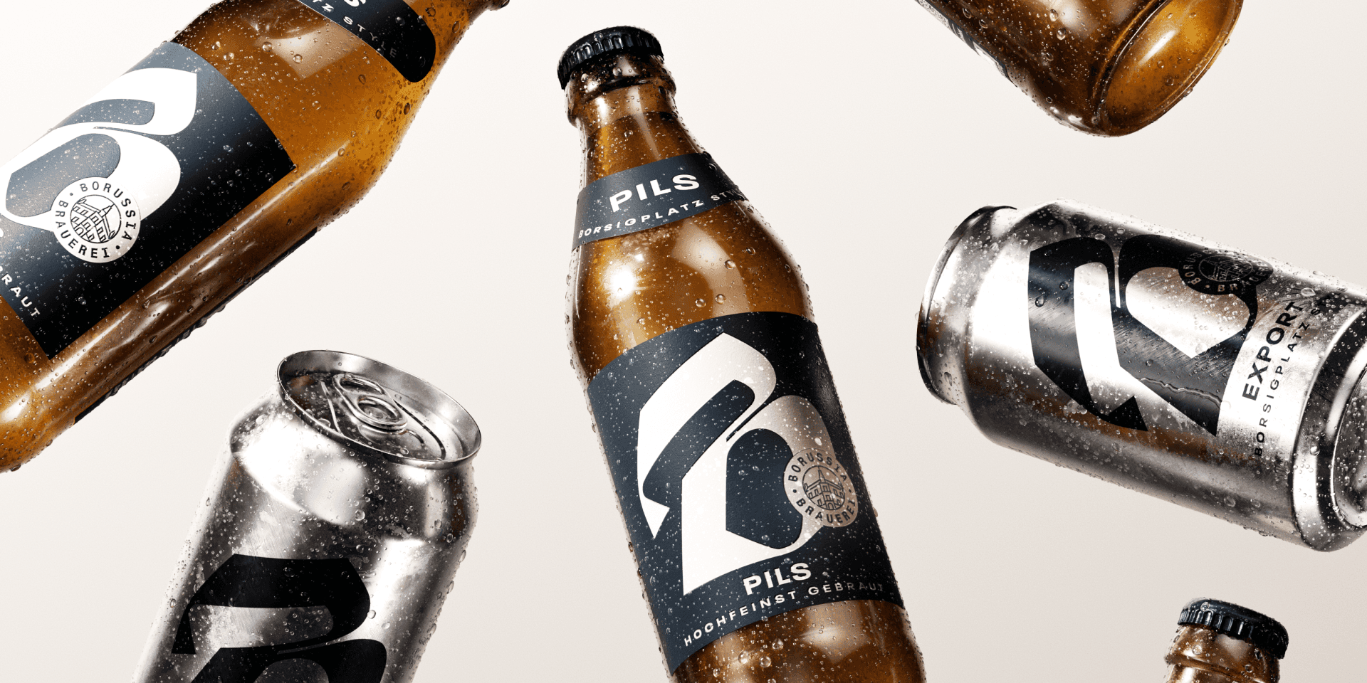 Borussia Brauerei Packaging Design – condensation-covered pilsner bottles and export cans with water droplets, dynamically floating against a neutral background, featuring a visible "B" monogram and brewery seal.