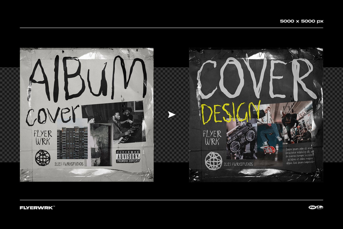 Two variations of a mixed media collage cover design featuring urban lifestyle and music photography