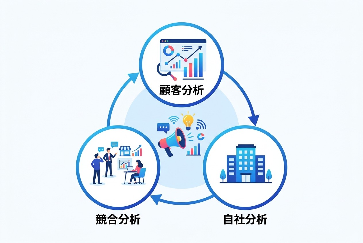 3C分析をデジタルマーケティングで活用する際の分析フロー。各要素を相互に関連付けながら、データドリブンな戦略立案を行う。