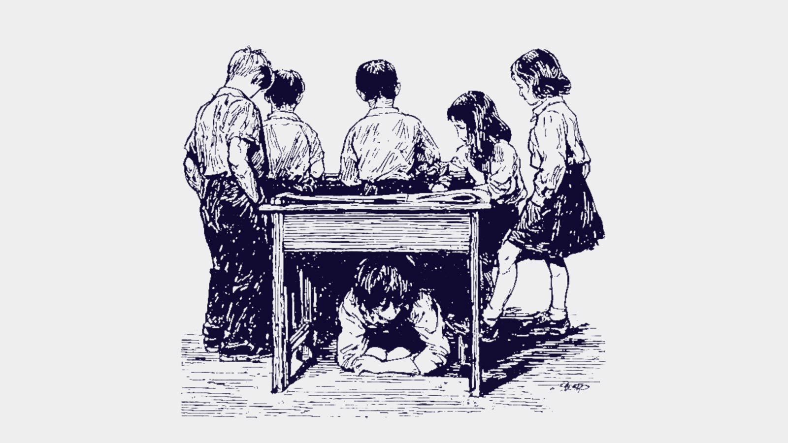 lustración que muestra a niños escolares, algunos rodeando una mesa y otro abajo de ella, en la carta al director Autoridad y prestigio docente de IdeaPaís.