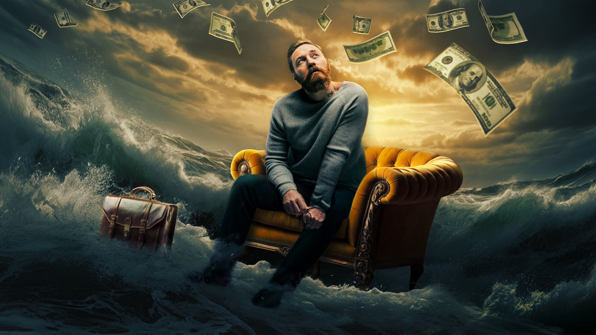 Poster artwork of a man adrift at sea in an armchair surrounded by floating money, representing financial struggle and uncertainty.