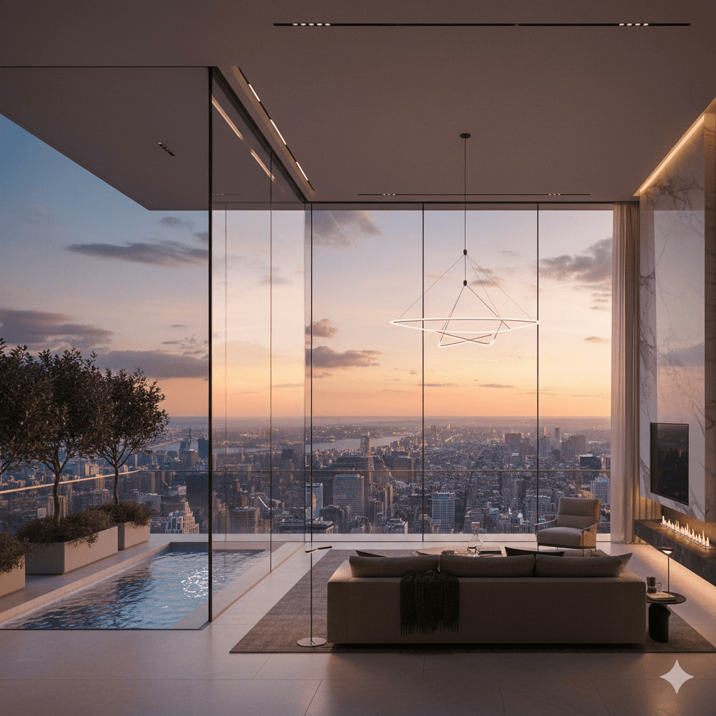 High-rise luxury balcony view of Noida skyline with modern glass architecture.