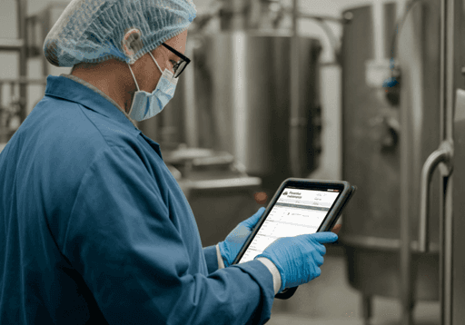 Gestionnaire de la qualité alimentaire utilisant des formulaires numériques sur une tablette dans une usine de fabrication alimentaire