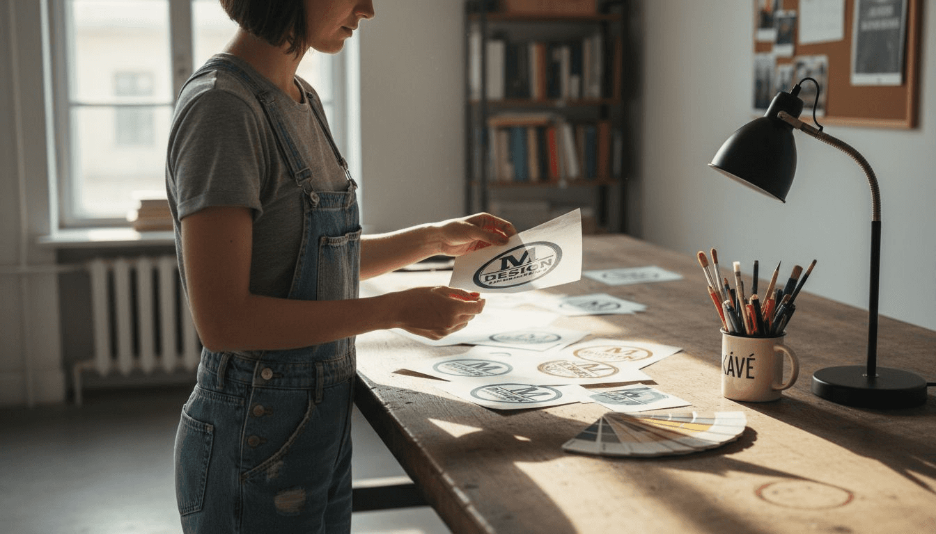 Egy grafikus éppen nyomtatott arculati terveket próbál ki, hogy élőben is lássa, hogyan mutatnak a valóságban.