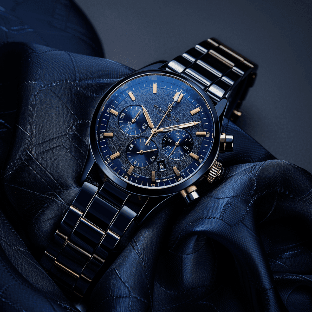 A blue chronograph watch is elegantly displayed on soft, dark blue fabric, showcasing its luxurious design.