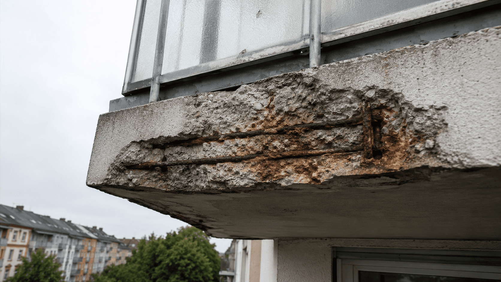 betonabplatzung an einem düsseldorfer balkon nahaufnahme