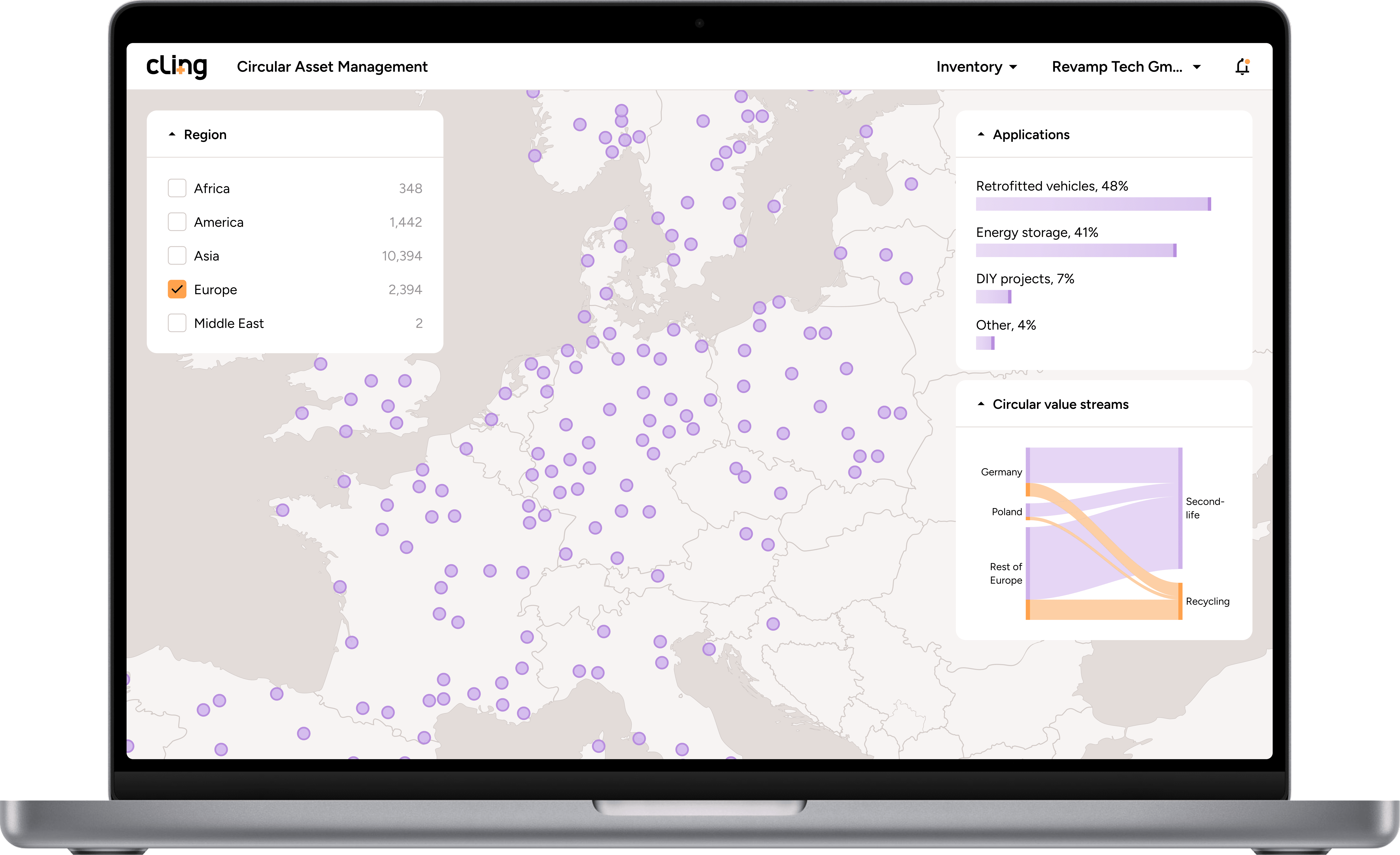 Enterprise inventory system showing geographic distribution and repurposing pathways for large-scale battery portfolio management