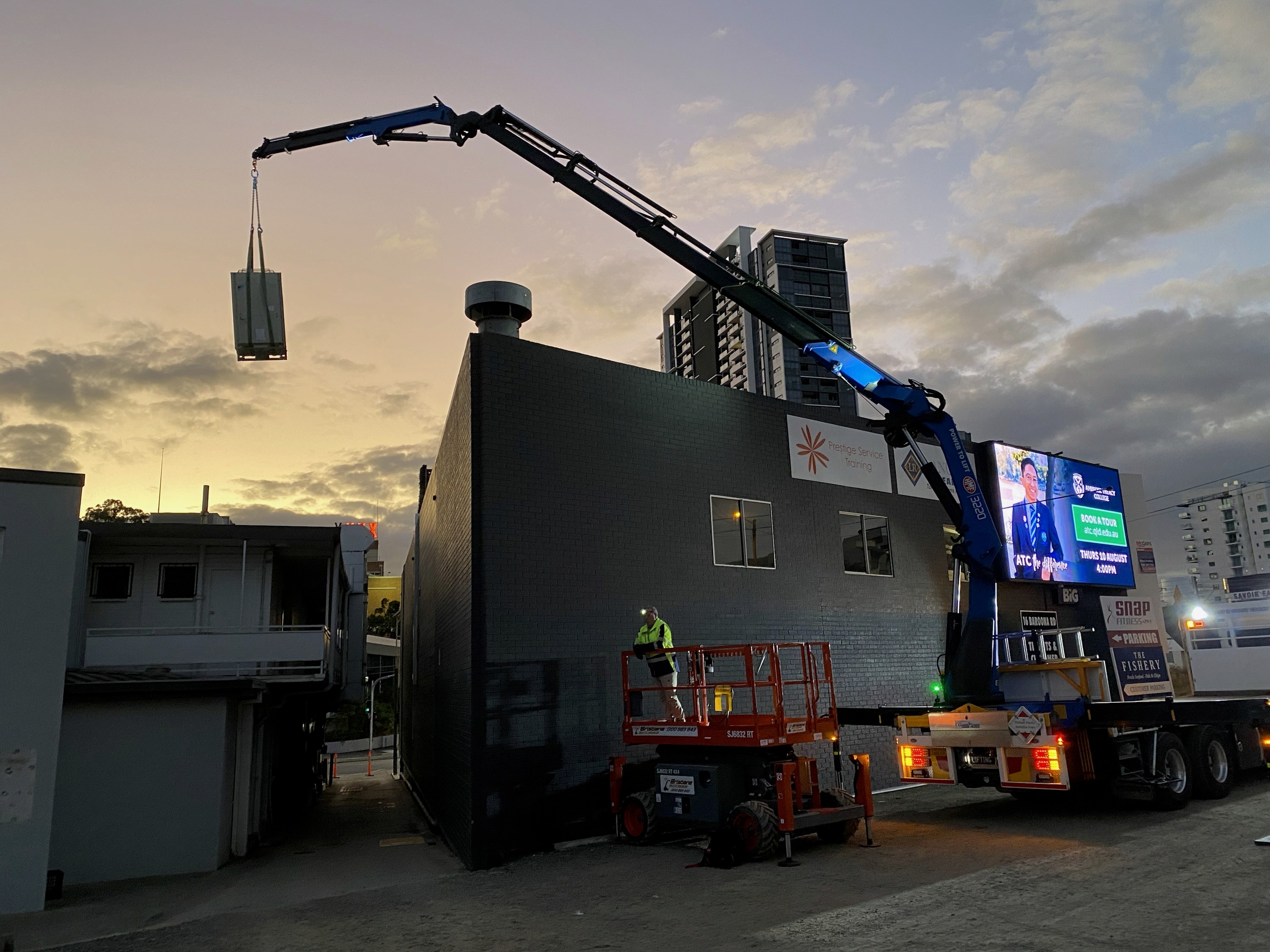 Crane truck at night