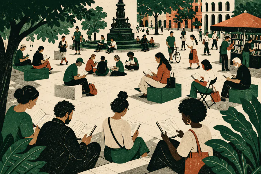 Ilustración de una plaza llena de personas leyendo