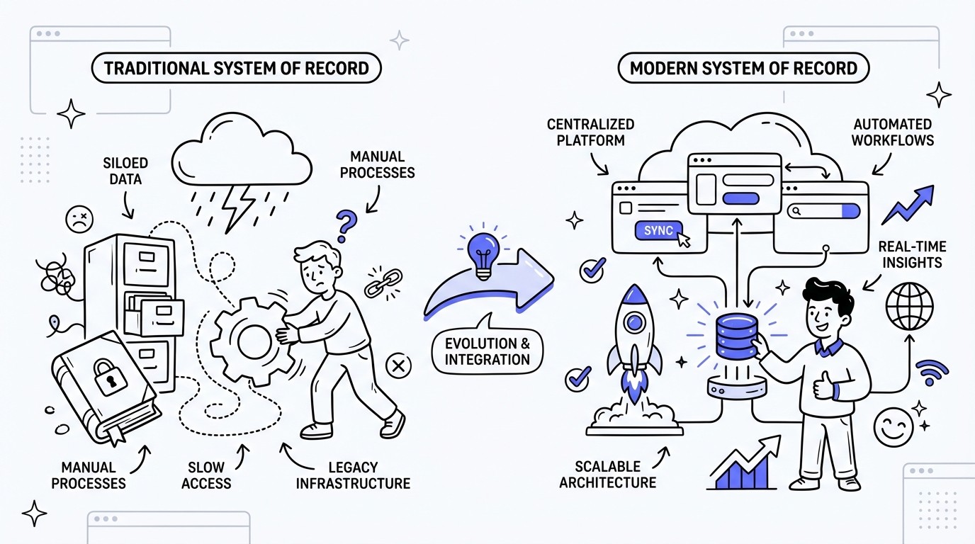 Diagram illustrating A diagram contrasting a 'System of Record' (tradit