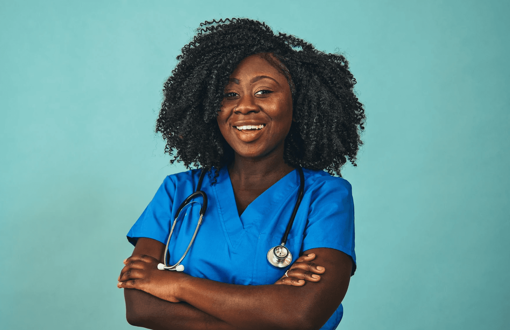 Female nurse in blue scrubs