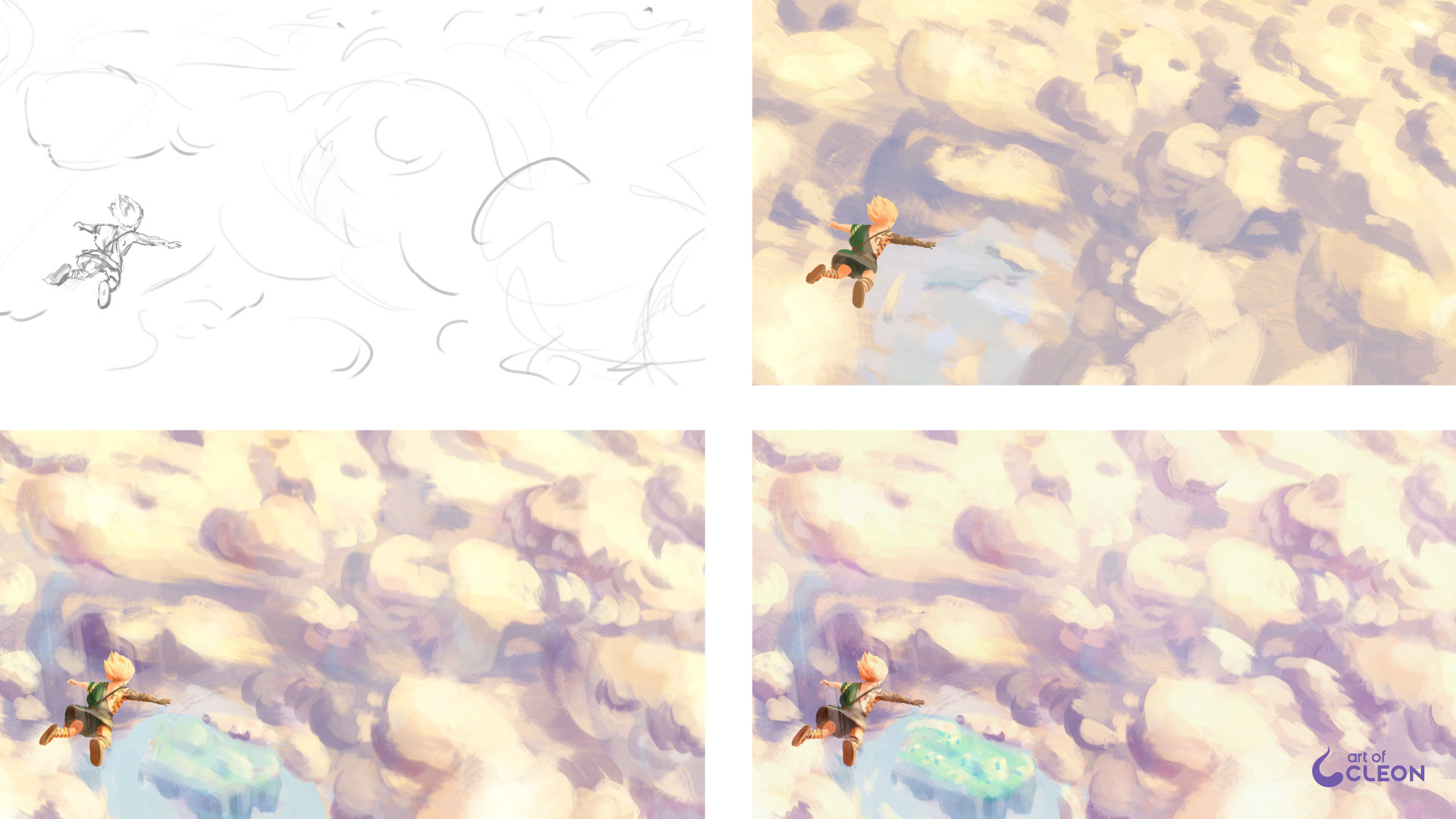 Painting stages for Breath of the Clouds, from composition sketch to color, atmosphere, and final details.