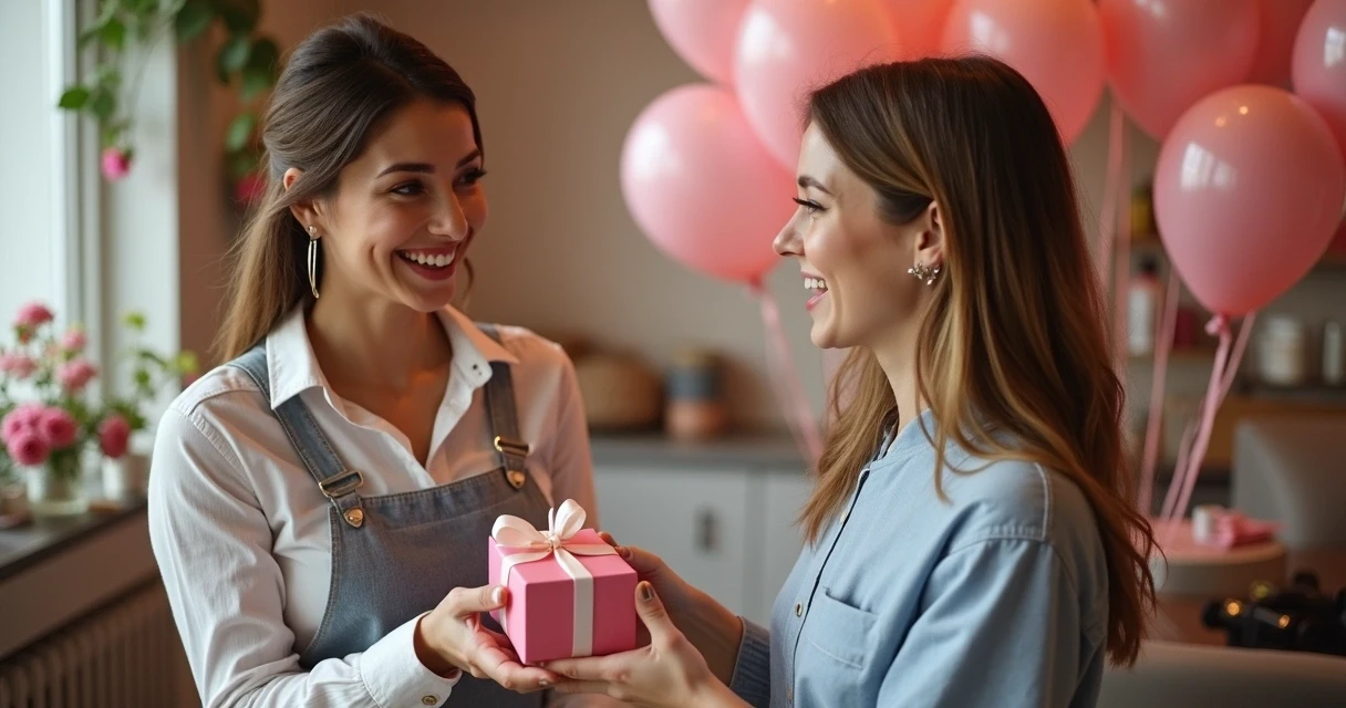 Cliente sorridente recebendo brinde em salão de beleza com decoração temática