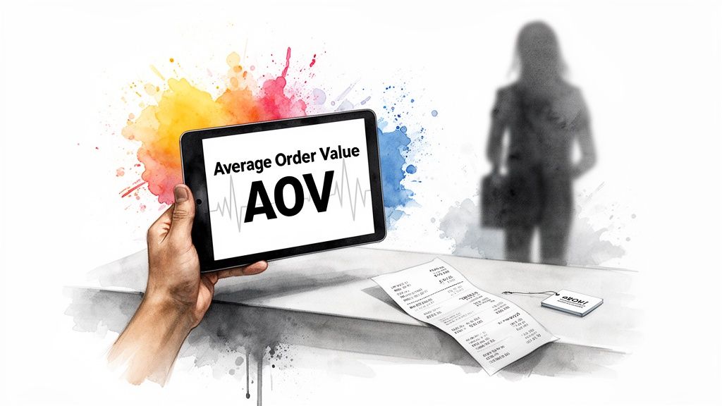 Hand holding tablet displaying 'Average Order Value AOV' with a heartbeat graph, alongside a receipt.