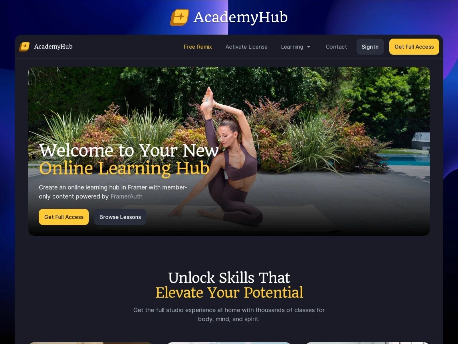 AcademyHub online learning website design featuring a yoga instructor and dark UI. 
