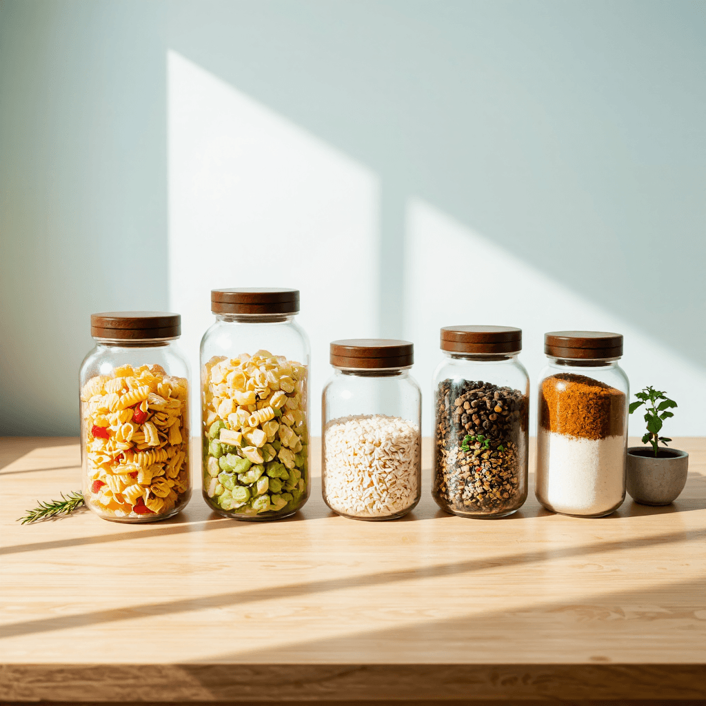 product photography of set of transparent storage jars with brown lids