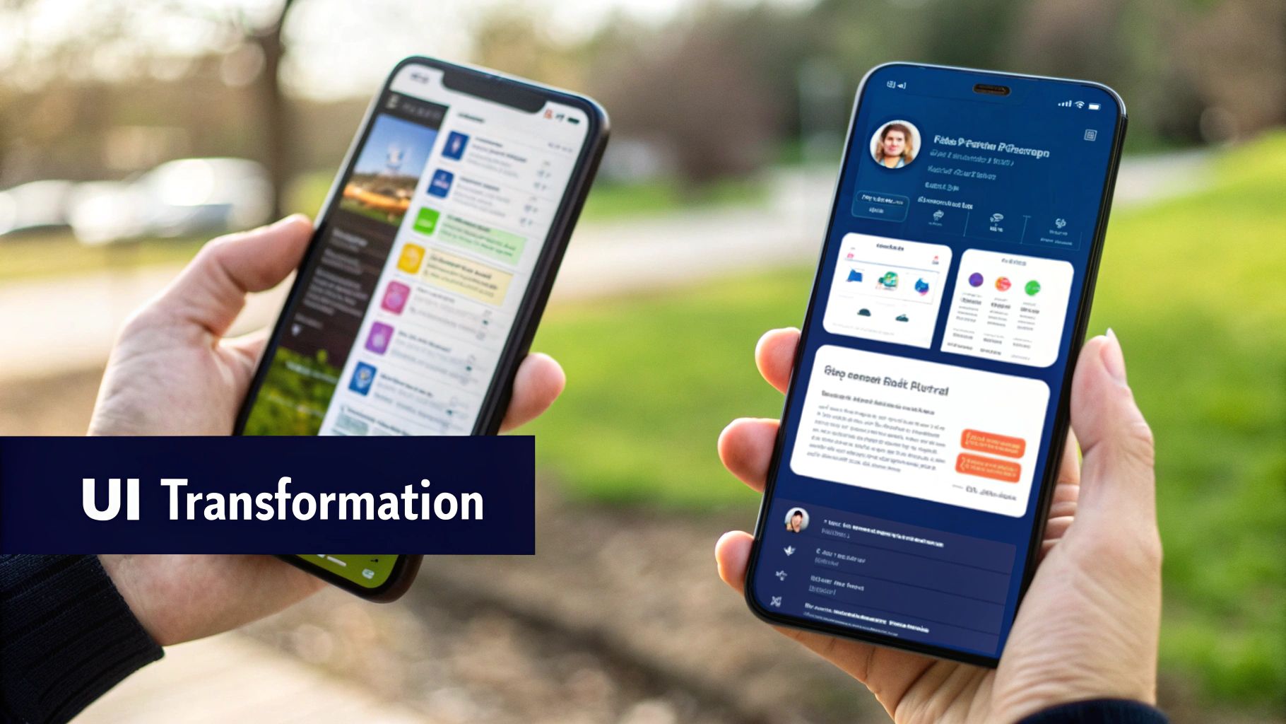 Close-up of two smartphones held side by side outdoors, showcasing a before-and-after comparison of a mobile app’s UI transformation with enhanced visuals and improved layout