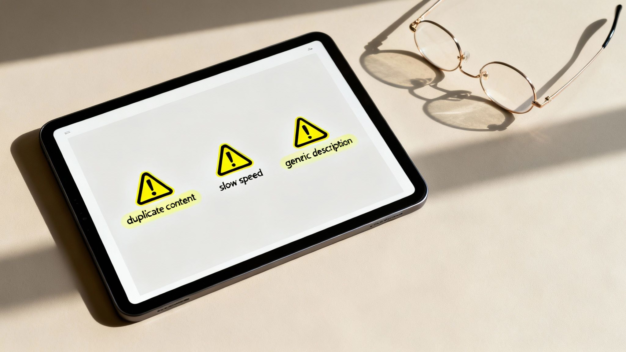 A red warning sign with an exclamation mark, symbolising common SEO mistakes to avoid.