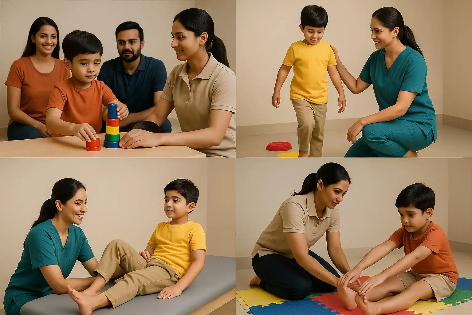 Pediatric rehabilitation collage showing fine-motor stacking tasks, gait training, leg strengthening exercises, and guided stretching for children.