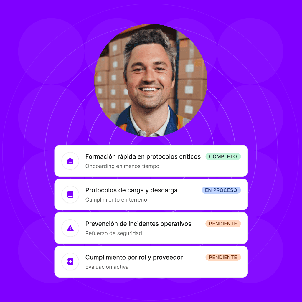 A construction worker's profile with skills listed on a vibrant purple background.