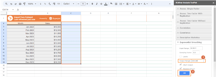 Specify C2:C14 as the Output Range and click “OK”