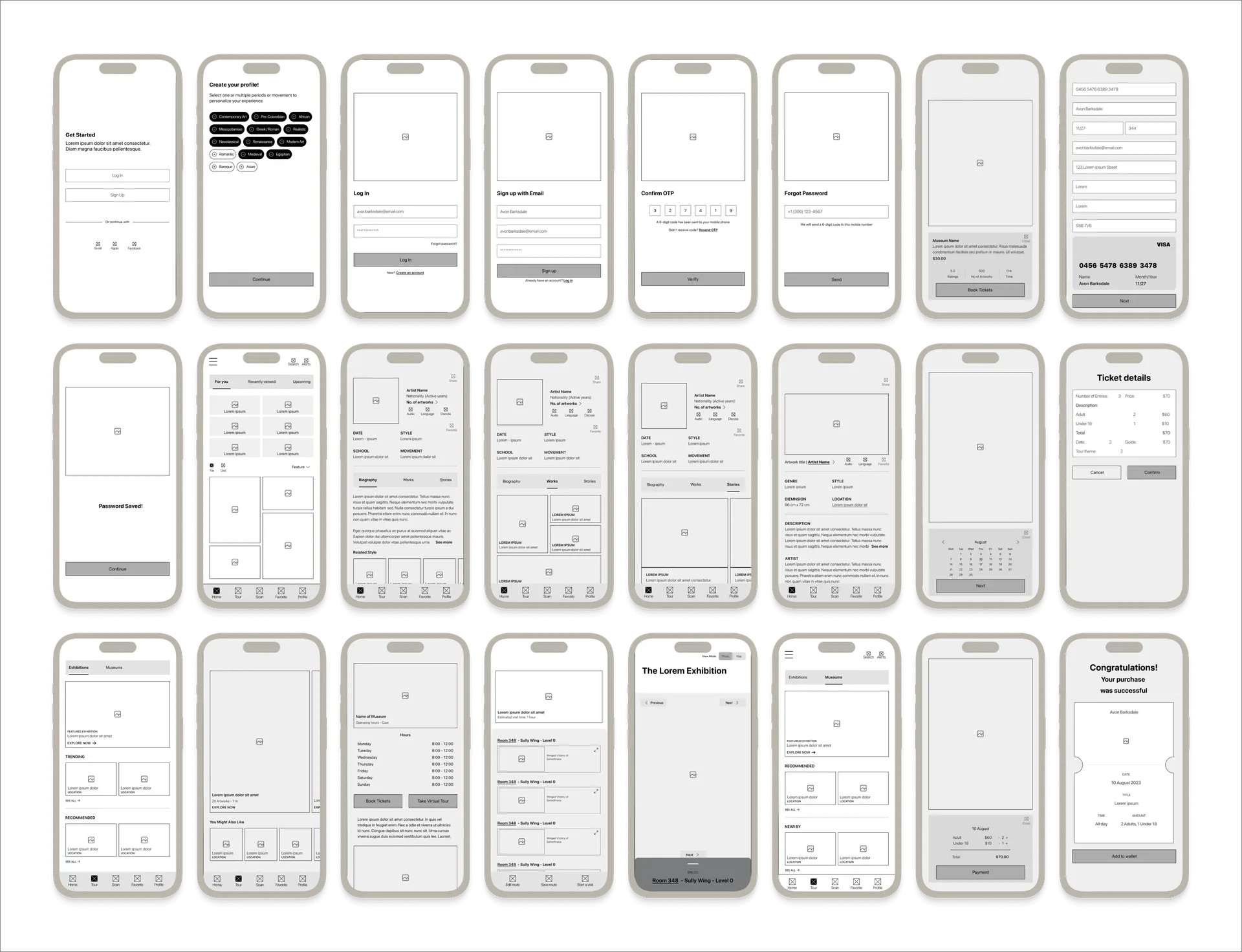 Low-fidelity wireframes of 24 ArtQuest mobile screens in three rows: onboarding and sign-up, home and artwork details, and tours, exhibitions and ticket booking.