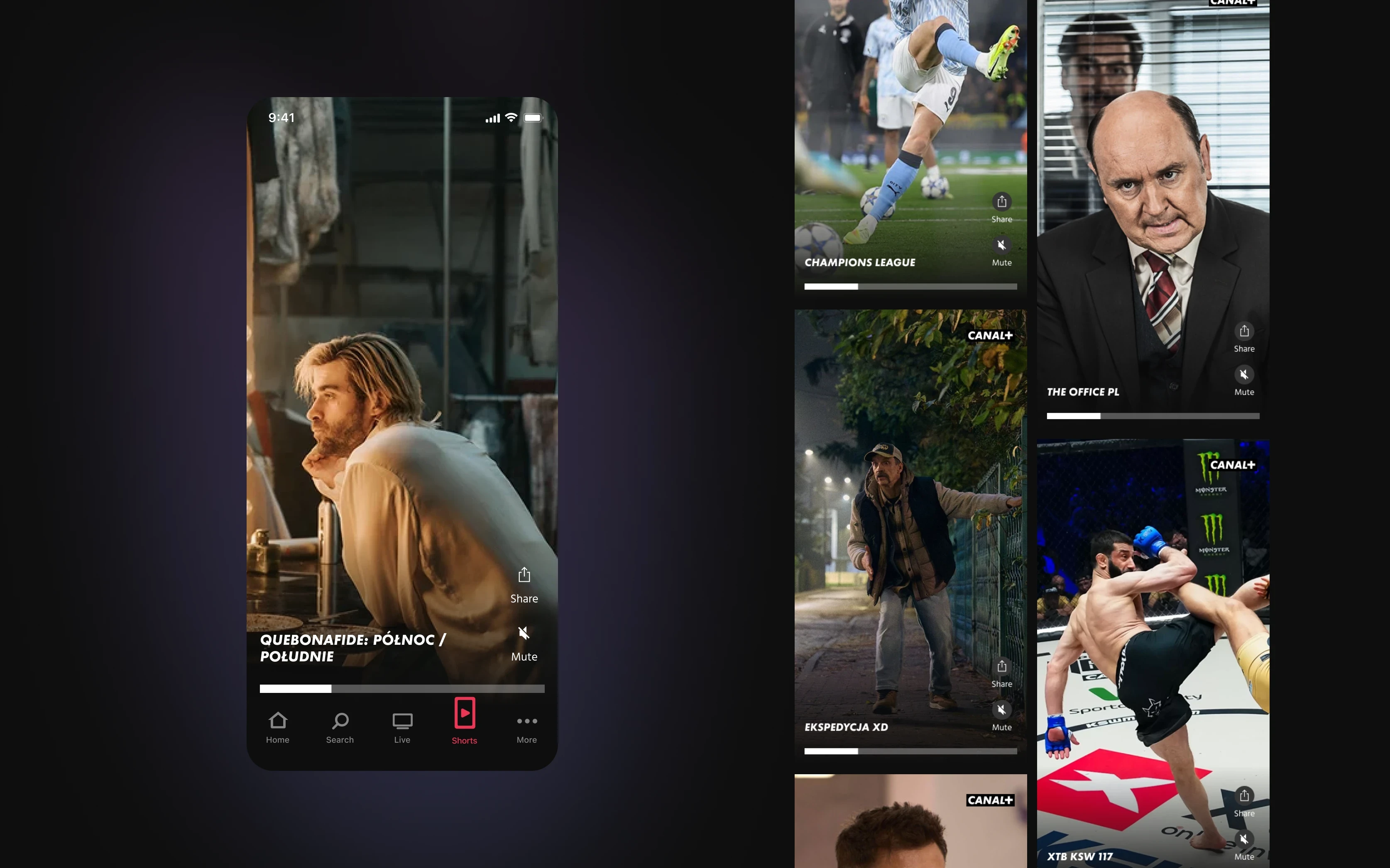 A premium shorts feed inside CANAL+ — minimal enough that the content is the UI.