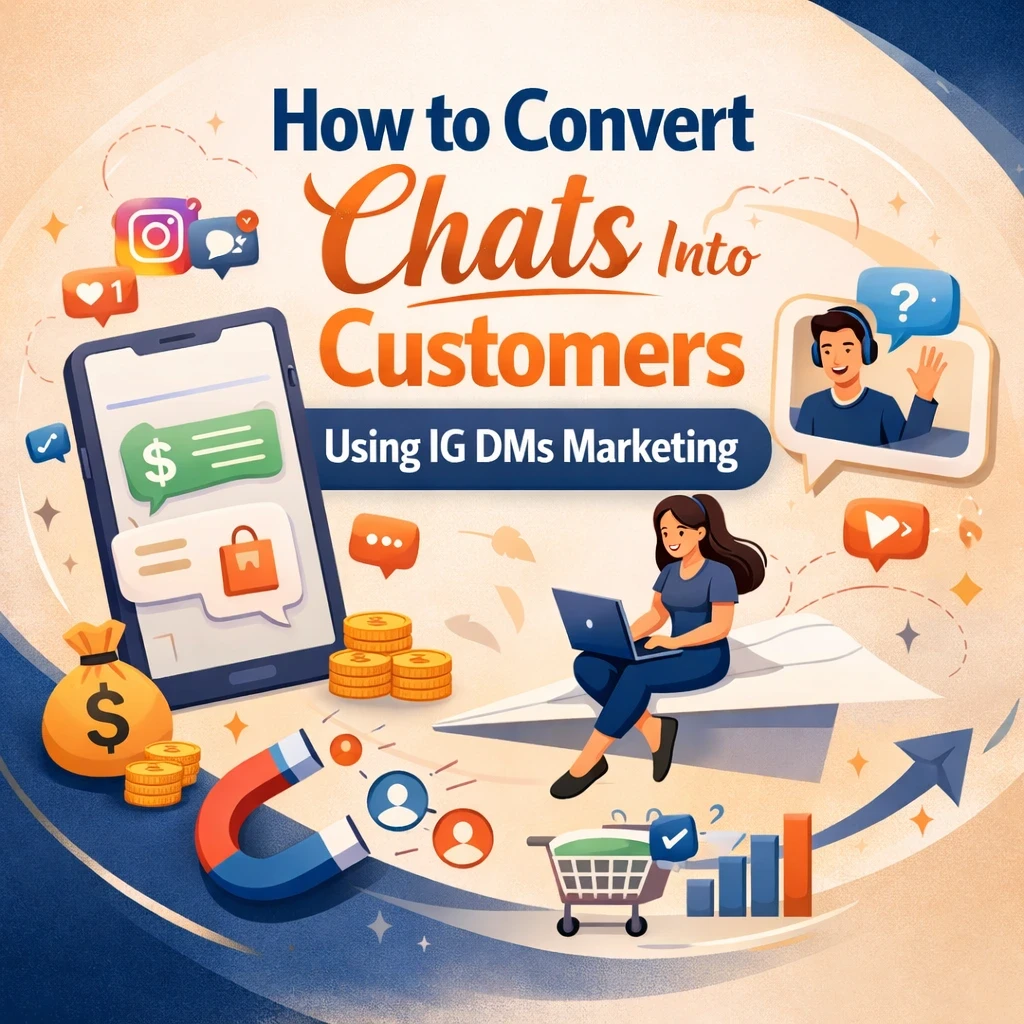 Modern blog cover design with beige and navy blue background showing a smartphone with Instagram DM chats transforming into customers, illustrated with chat bubbles, money icons, growth arrows, and people using laptops, representing how to convert chats into customers using Instagram DMs marketing.