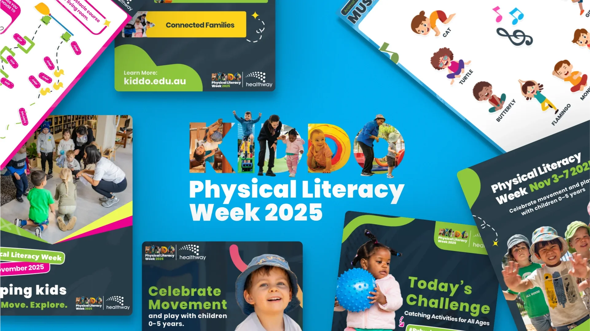 digital brand banner for "Physical Literacy Week 2025," featuring a central KIDDO logo filled with photos of children playing. The composition is surrounded by colorful social media tiles, activity sheets, and educational guides showcasing diverse children engaged in movement-based activities against a vibrant teal background.