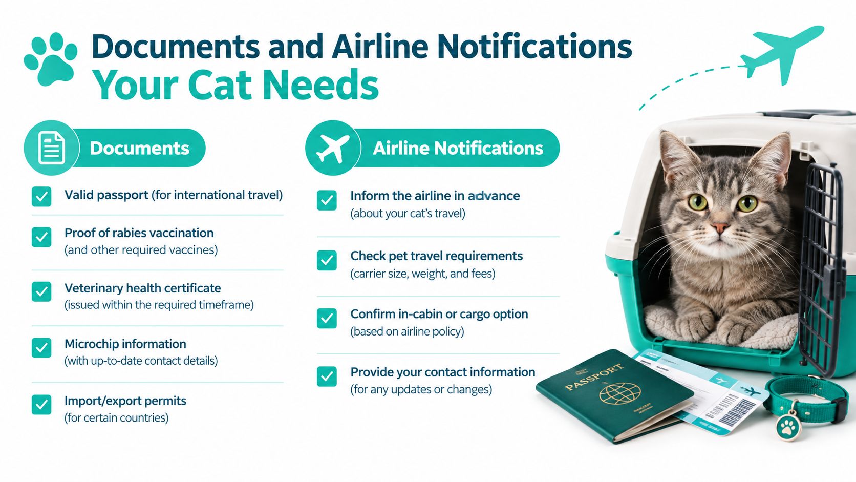 An infographic showing essential documents and airline notifications needed for traveling with a pet cat.