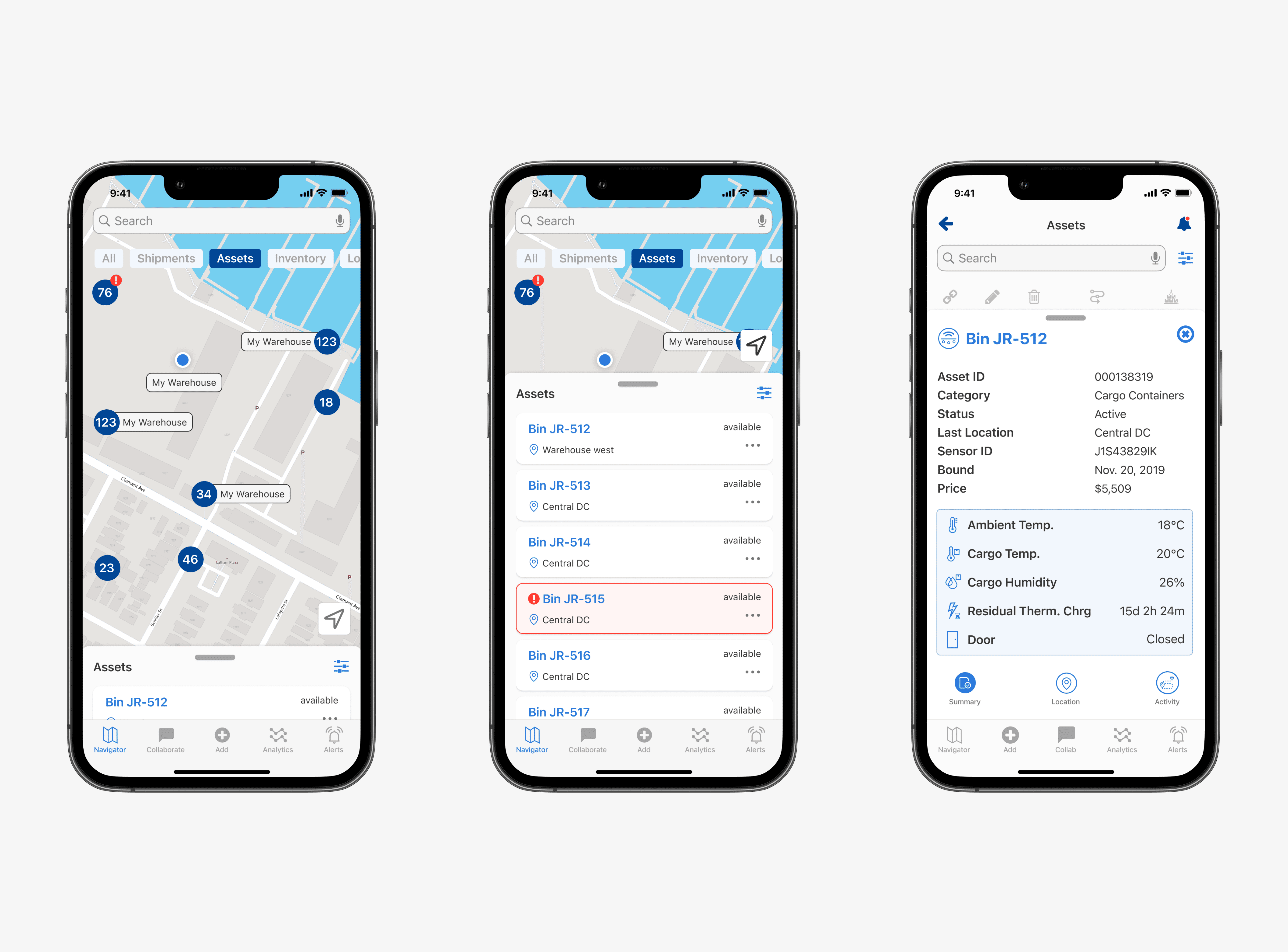 ParkourSC mobile app showing three screens: warehouse asset map with numbered cluster pins, an assets list for Bin JR-512 through JR-517, and an asset detail card with sensor data for Bin JR-512