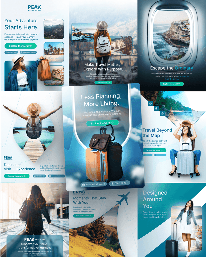 A collage of travel-themed images featuring scenic landscapes, people enjoying nature, and travel-related quotes.